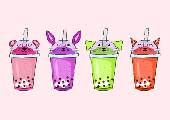 A set of milkshakes in different flavours on a light pink background.