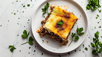A plate of food with a piece of parsley on top