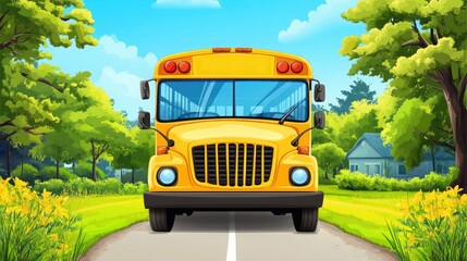 Obraz premium A yellow school bus drives down a road lined with trees and flowers.