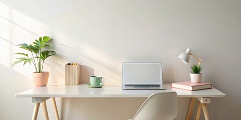 Minimalist modern desk clean organized laptop notebooks coffee subtle morning light soft pastel colors calming peaceful serene atmosphere.
