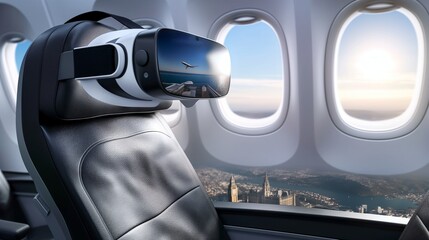 A VR headset on an airplane seat, providing passengers with virtual travel experiences of destinations they are flying to, showcasing landmarks and scenery.