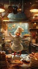 Obraz premium A cartoon duck chef is holding a spatula and serving pancakes