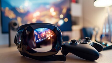 Fototapeta premium A VR headset resting on a desk next to a gaming controller, with a blurred virtual game environment visible through the lenses.