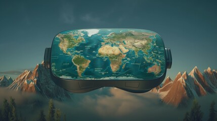 A VR headset with a virtual world map floating in front of it, designed for geographic learning, featuring mountains, rivers, and cities in detailed 3D.