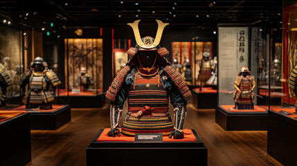 samurai armor exhibition in a museum, highlighting various pieces such as the kabuto, dou, and kote, with informative plaques in the background