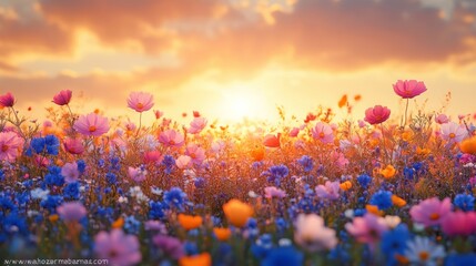 Scenic autumn meadow adorned with vibrant wildflowers during sunset