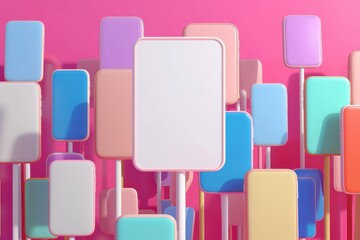 A colorful sign with a white background is displayed in a row of colorful signs