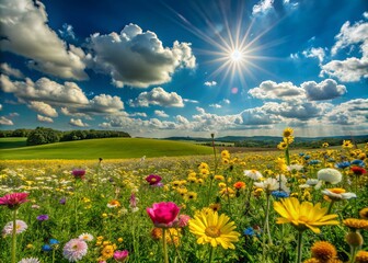 Vibrant colorful flowers bloom in a lush green meadow under a bright blue sky with puffy white clouds on a warm sunny spring summer day.