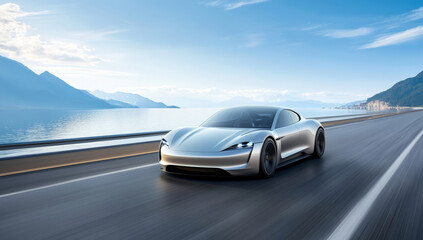 Futuristic electric car speeding on open road