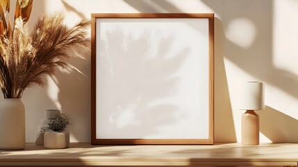 Elegant wooden frame showcasing an abstract painting in a warm and inviting living space with soft natural daylight,creating a cozy and sophisticated atmosphere for modern home decor.