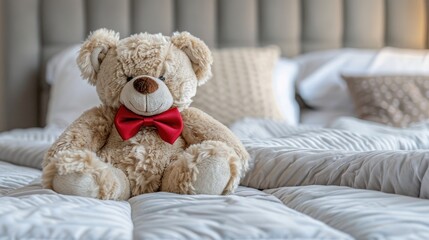 A close-up of a stuffed bear with a ribbon bow tie, resting on a child's bed, emphasizing its cute, soft texture and the cozy, child-friendly room.