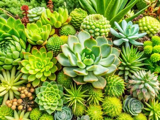 Fototapeta premium Vibrant succulent bed featuring diverse cacti and sedum species in a thriving, drought-tolerant arrangement, perfectly isolated on a transparent background for optimal versatility.