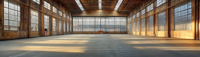 Spacious Industrial Warehouse Interior with Large Windows and Natural Light