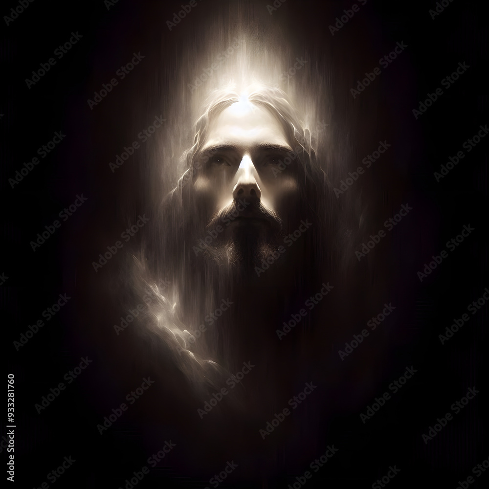 Wall mural ethereal portrait of jesus emerging from darkness