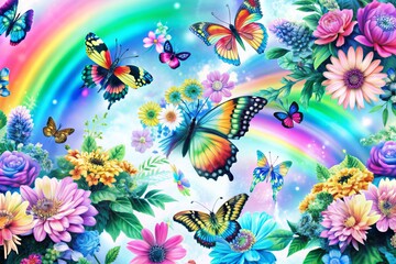 Vibrant rainbow-colored flowers and butterflies dance across a seamless watercolor design, bursting with whimsy and color in a beautiful, fantastical, and utterly charming artwork.