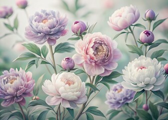 Delicate watercolor peonies in soft purple, pink, and lavender hues are intricately illustrated in a beautiful, whimsical botanical collection on a transparent background.