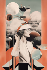 Stylish woman adjusts her collar against a backdrop of geometric shapes, planets, and clouds, creating a surreal and dreamy collage; 1950s style actress