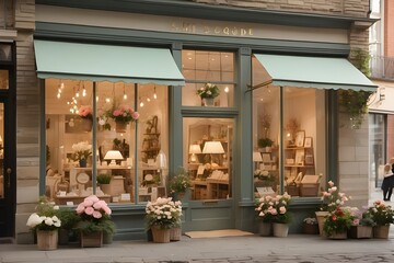 "A beautifully designed shop on a quaint, cobblestone street. The shop has a vintage storefront with large glass windows displaying an array of carefully arranged items. The entrance is framed by hang