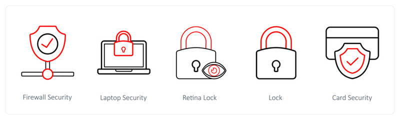 A set of 5 security icons such as firewall security, laptop security