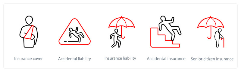 A set of 5 insurance icons such as insurance cover, accidental liability