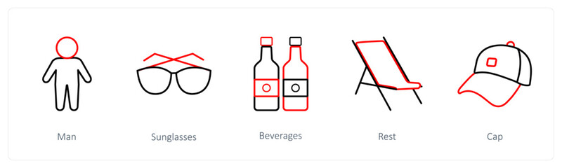 A set of 5 travel and vacation icons such as man, sunglasses, beverages