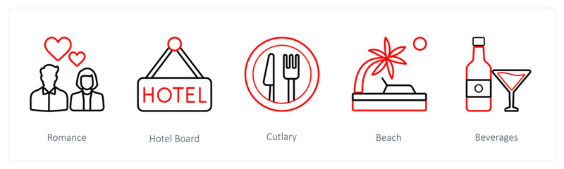 A set of 5 travel and vacation icons such as romance, hotel board