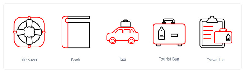 A set of 5 travel and vacation icons such as life saver, book, taxi