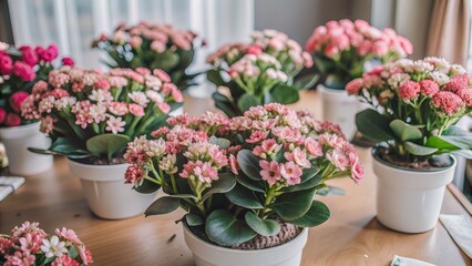 Vibrant Kalanchoe Blossfeldiana plants with delicate pink flowers sit on a table, adding a touch of elegance and serenity to the bright, airy room surroundings.