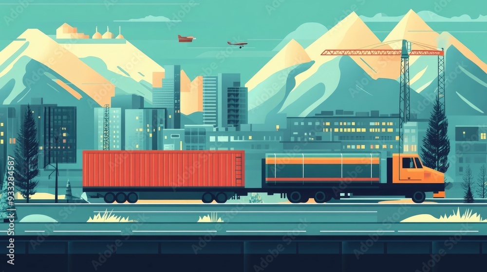 Poster flat design depicting the efficient monitoring and management of goods in transit within a comprehen