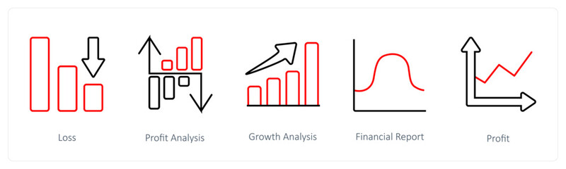 A set of 5 diagram and report icons such as loss, profit analysis