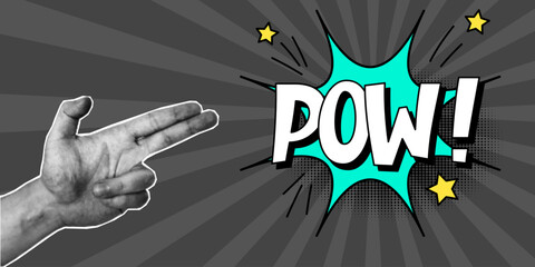 Halftone collage, hand gesture in the shape of a gun, speech bubble with expressive inscriptions pow, green explosion in a comic style. Pop art retro banner, two fingers, arm, cut out of paper.