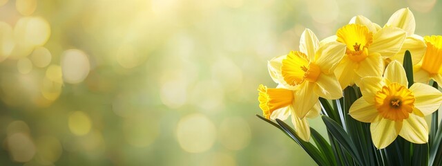 Obraz premium A bouquet of yellow daffodils in front of a green backdrop of softly blurred light