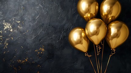 Gold balloons bunch on a black wall background. Horizontal banner.