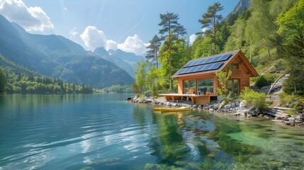 Obraz premium Secluded Solar Powered Cabin by Pristine Mountain Lake with Nearby Kayaks and Hiking Trails