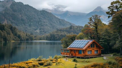 Fototapeta premium Solar Powered Mountain Cabin Overlooking Pristine Lake with Nearby Kayaks and Nature Trails