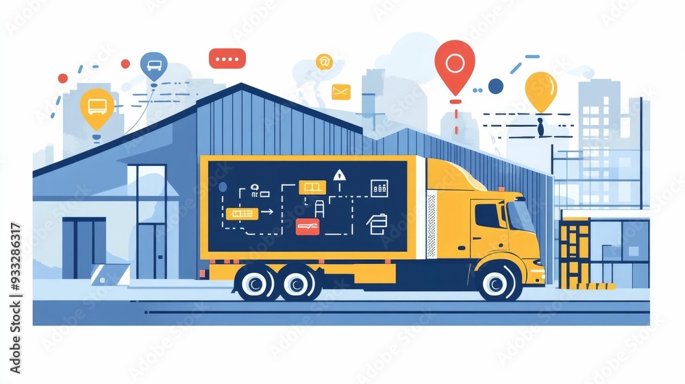 Poster automated supply chain dispatch and tracking flat design showcasing efficient logistics delivery and