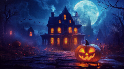 Chilling Halloween Background Showcasing a Haunted House and an Illuminated Pumpkin Set Against the Full Moon, Dramatic Shadows and Enigmatic Nighttime Glow. With the effect of machine embroidery