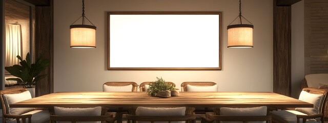 Inviting Rustic Dining Room with Soft Lit Wooden Furniture and Neutral Upholstery