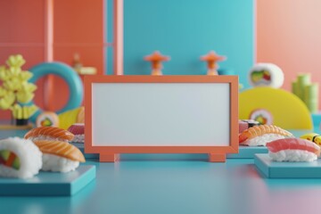 A white board with a picture of sushi on it