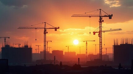 Dramatic Urban Skyline with Construction Cranes at Sunset: City Development and Industrial Growth