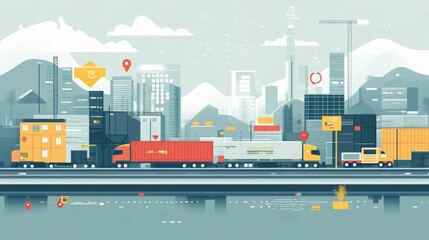 Obraz premium Optimizing Transport Logistics and Supply Chain Efficiency with Flat Design Visualization of transportation management warehouse routes and data driven logistics solutions