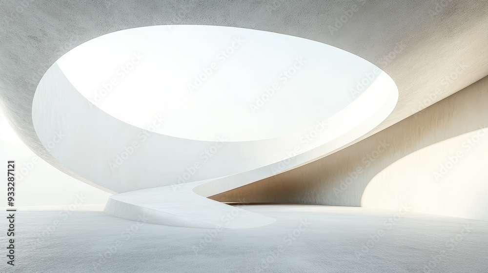 Wall mural abstract modern architecture with curved white walls and a circular skylight.