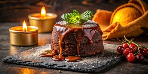 Rich decadent chocolate lava cake oozing with warm golden sauce on a rustic stone table with cozy intimate candlelit dinner atmosphere