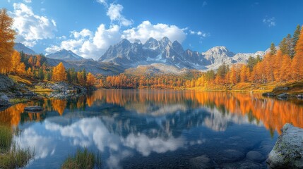Obraz premium Autumn reflections in a tranquil mountain lake surrounded by colorful foliage
