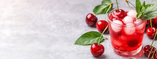  A glass, filled with ice and cherries, sits next to an elevated pile of cherries on a pristine white surface