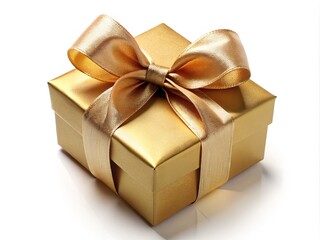 Fototapeta premium A beautifully wrapped gold gift box adorned with a luxurious ribbon, perfectly tied in a precise bow, sitting on a soft, white background.