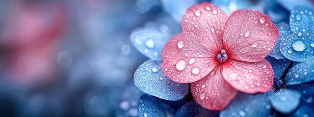  A pink bloom atop a mound of mixed blue and pink blossoms, adorned with dewdrops