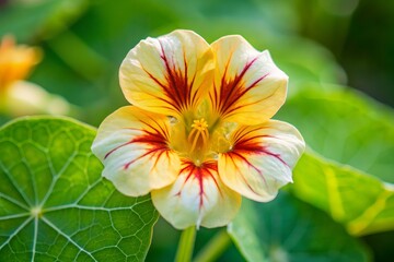 Fototapeta premium Vibrant nasturtium flower blooms in the great outdoors, its delicate, crepe-paper-like petals a kaleidoscope of warm, sunny colors, highlighted against a soft, blurred green background.