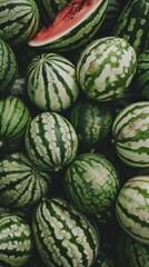 Fresh watermelons in various sizes and shades are arranged in a market, showcasing their vibrant green stripes and smooth texture