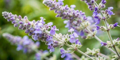 Obraz premium Delicate light blue-gray Russian sage flowers with wispy stems and tiny leaves isolated on a transparent background, highlighting their soft, feathery texture.